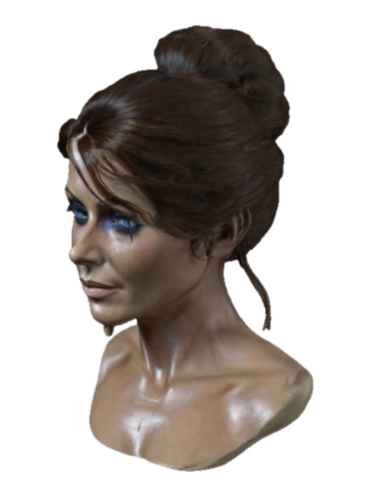 3D model for uncensored, age 30, perfect plaster casting of actress "elizabeth hurley", brunette updo, hair pulled back, full detailed head and upper torso, smooth "blue eyes", Highly Detailed, Ultra Realistic, high resolution, highest quality, best quality, 4K, 8K,