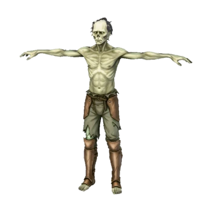 A wise old ghoul with only leather leg armor and a bare chest for a video game. In t-pose… 3D model, vytvořený pomocí AI