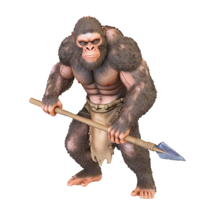 3D model for A robust, hunched primitive ape man, covered in thick, matted earthy-brown fur. His face has a prominent brow and a focused expression. He wears a roughly cut, worn animal hide loincloth, textured with coarse fibers. In his strong, muscular hands, he firmly grips a simple wooden spear with a sharp stone tip, displaying a ready, powerful stance.