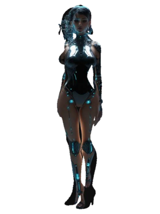 a futuristic cyberpunk high fashion Cyborg woman, minimalistic sleek tech design, glowing… 3D model, vytvořený pomocí AI