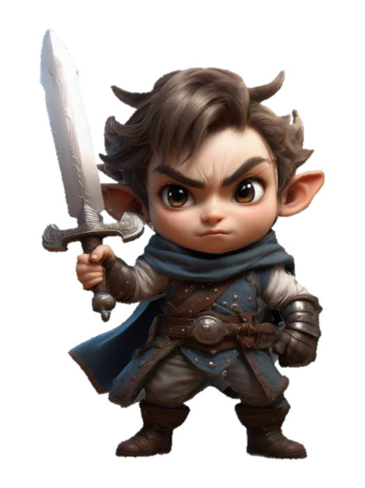 A Chibi-style fairytale character. Holding an oversized sword. Fighting stance. Fierce… 3D model, vytvořený pomocí AI