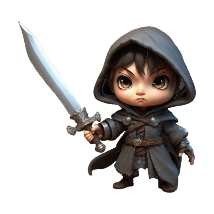 A Chibi-style fairytale character wearing a a hooded cloak. Holding an oversized sword.… 3D model, vytvořený pomocí AI