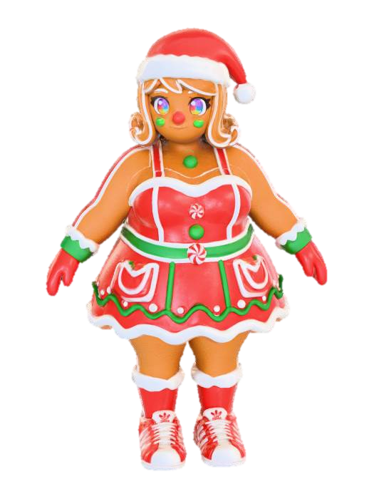 3D model for #Christmas2025#, Toma como refrencia la foto. Conviertelo en un personaje de anime. como una mujer de galleta de genjibre. con icing en los bordes usando como referencia la foto. la ropa sera com icing usando addidas como sapatos y el cuerpo hecho de galleta pero tambien en una forma. con traje de navidad. ojos y nariz de gomita,