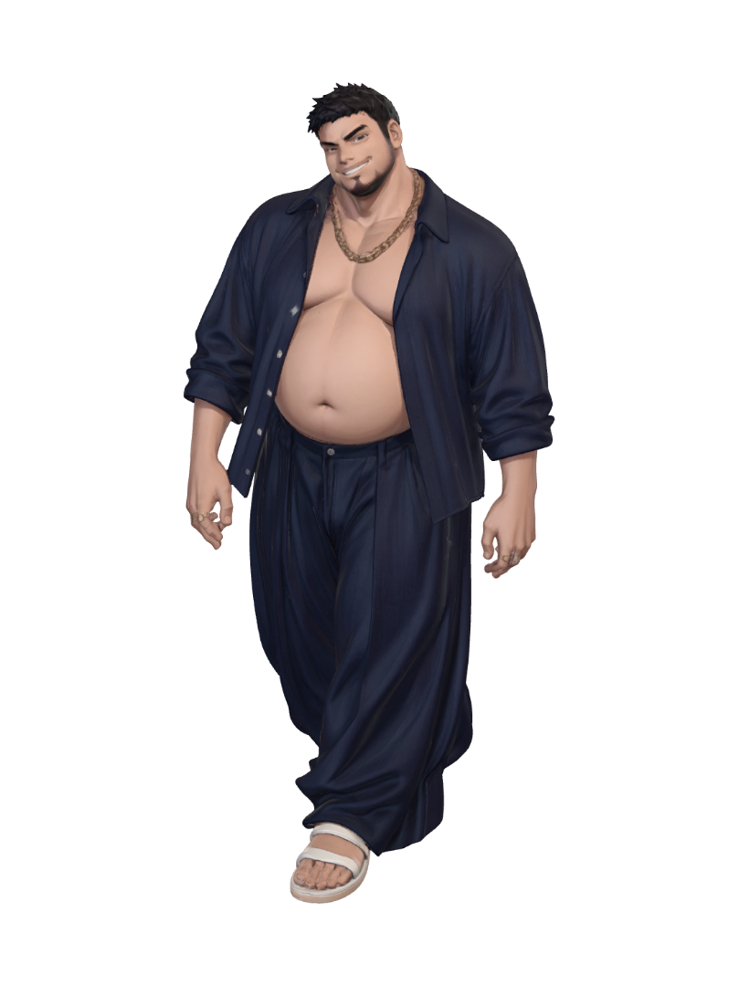 Same chubby anime character, NO hat, NO drink. Cool swagger walking pose, one foot forward,… 3D model, vytvořený pomocí AI