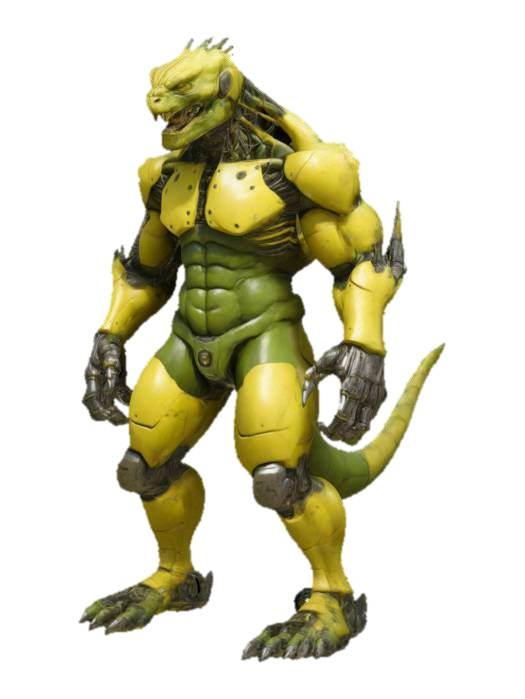 3D model for The object is a bulky, humanoid creature with a muscular build, large hands and feet, textured yellow-green skin, and mechanical details such as armor and wires integrated into its body., REPTILE HEAD, EVIL LOOKING
