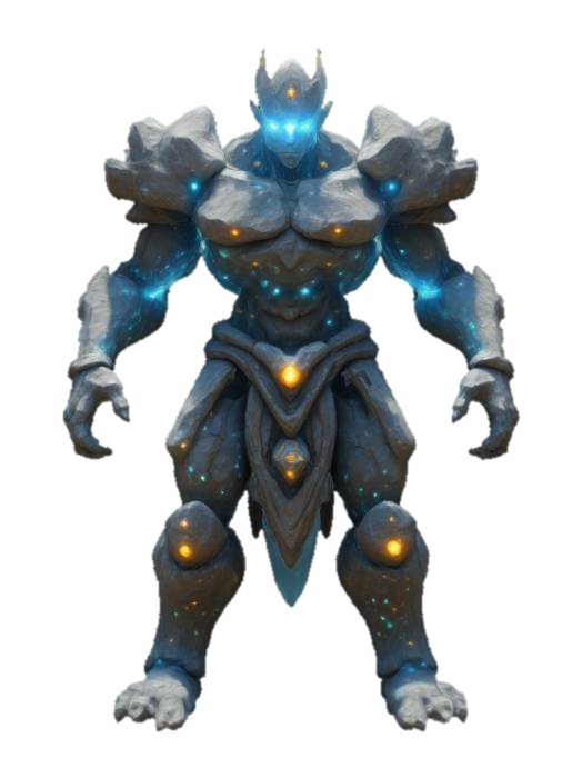 3D model for fantasy stone elemental ve velkém detailu, z různě velkých kamenů poskládané humanoidní tělo, jenotlivé kameny levitující vedle sebe, v obličeji jasně zářící oči, mohutný postoj, mezi spoji kamenů je jasně znatelná světelkující energie, některé z kamenů jsou průhledné krystaly, extremely details, high resolution texture, epic stance