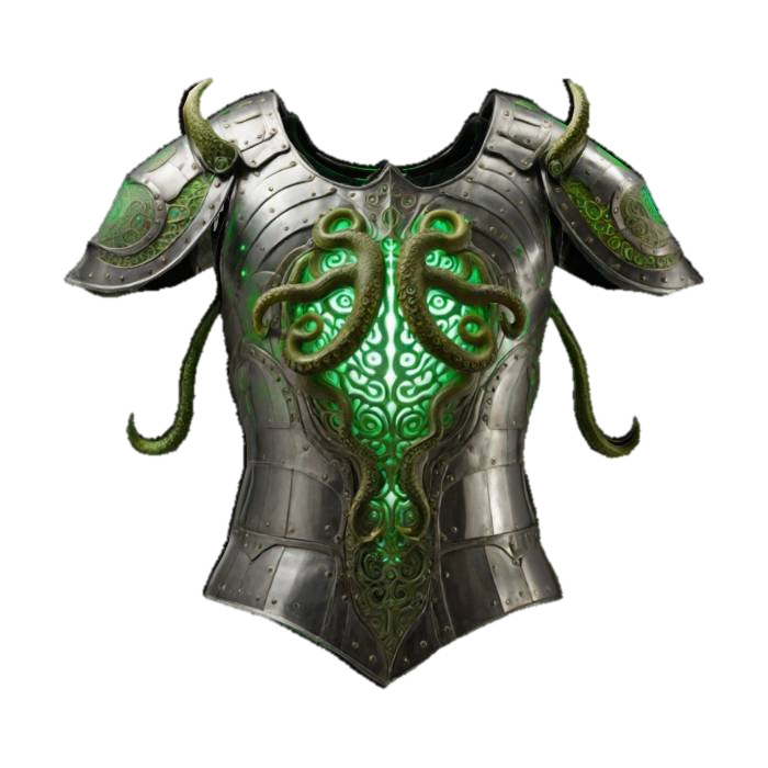 3D model for The object is armored cuirass featuring an intricate design with tentacle-like elements and a glowing blue central motif, set against a metallic, smooth texture.,