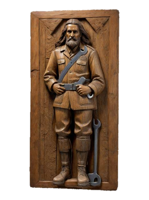 3D model for Full-body 20th-century man carved as a wooden relief sculpture embedded in a wall, wearing a uniform, with long hair, right hand on his hip, land hand holding a wrench,, right leg extended forward slightly. Detailed historical outfit with intricate textures, rustic wood finish, realistic depth, and shadows