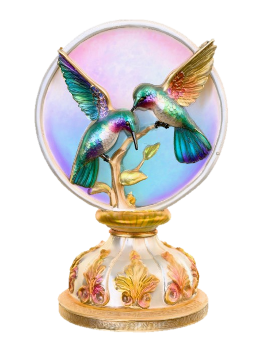 3D model for 3 hummingbirds form a circular pedestal. Extremely detailed carved elaborately embossed hummingbirds pedestal sitting on a round base. Masterpiece of art. Iridescencent ivory with 14 gold highlights. Hummingbird decor in colors of 14k gold, ab dark aqua/ab purple/ab green, and iridescent rosy pink. A masterpiece of art nuevo detailed and highly embossed