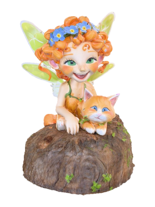 3D model for A 3D clay model of a joyful flower fairy with an expressive, freckled face, and curly bright orange hair with a crown of blue forget-me-not flowers, sitting on a log with a detailed fur, vibrant orange tabby kitten with bigger and rounder bright green eyes. Both the fairy and the kitten are laughing uncontrollably with wide smiles. Cartoon illustration fairytale style with a basket of spilled berries with colorful luminescent colors.