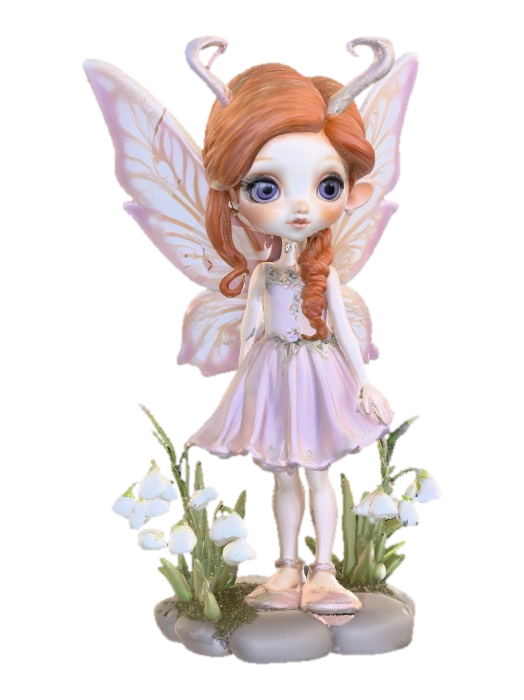 3D model for a playful sweet violet eyed, redhead, snowdrop fairy with thick dark lashes, and porcelain filigree wings in a mystical environment, surrounded by snowdrop florals. The figure is, rendered with intricate details and poised on a round rocky base.