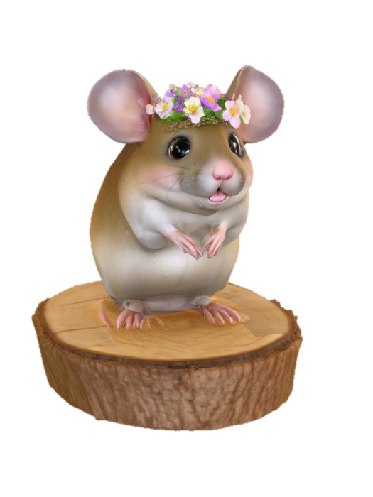 3D model for An adorable chibi cartoonish mouse wearing a crown of tiny flowers. Standing on a round slice of natural wood. Suitable for 3d model printing.