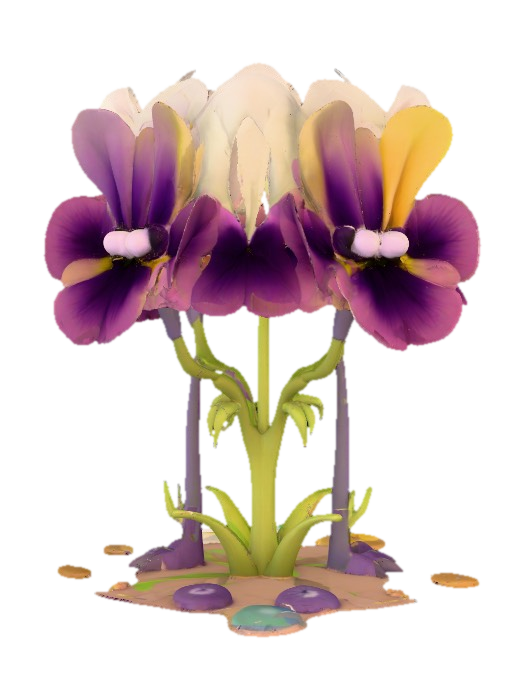 3D model for A trio of talking chibi flowers (pansies) alice in wonderland stylized cartoonish talking flowers in full color