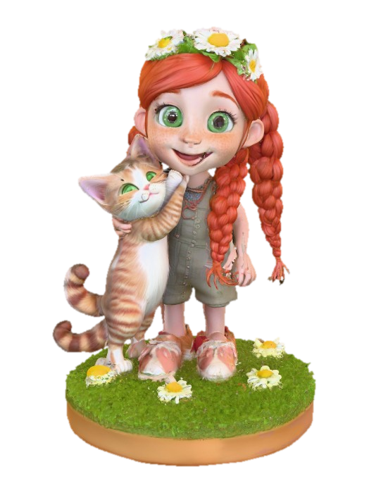 3D model for Cartoonish, adorable, laughing, freckled face, green eyed girl with long, red, intricate braids and a playful kitten with a flower crown, tugging at one of the braids, they are perched on a small, round grassy base with delicate daisy-like flowers, evoking joyous fun. Suitable for 3d printing. Well formed limbs and clear faces.