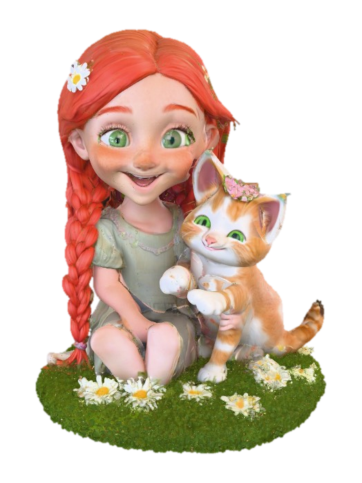 3D model for Cartoonish, adorable, laughing, freckled face, green eyed girl with long, red, intricate braids and a playful kitten with a flower crown, tugging at one of the braids, they are perched on a small, round grassy base with delicate daisy-like flowers, evoking joyous fun. Suitable for 3d printing. Well formed limbs and clear faces.