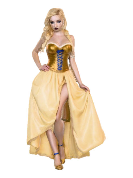 3D model for Sultry Goldilocks" a glamorous reimagining of the classic fairy tale character. This aesthetic often blends the traditional yellow and blue color palette with modern elements like bold makeup, elaborate blonde styling, or high-fashion photography she is wearing a laced up bodice and a full skirt very sultry looking figure