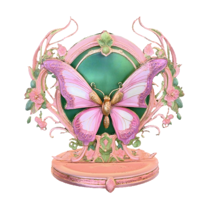 3D model for Butterfly decor in cools of 14k gold, ab dark aqua, and iridescent rosy pink. A masterpiece of art nuevo detailed and highly embossed