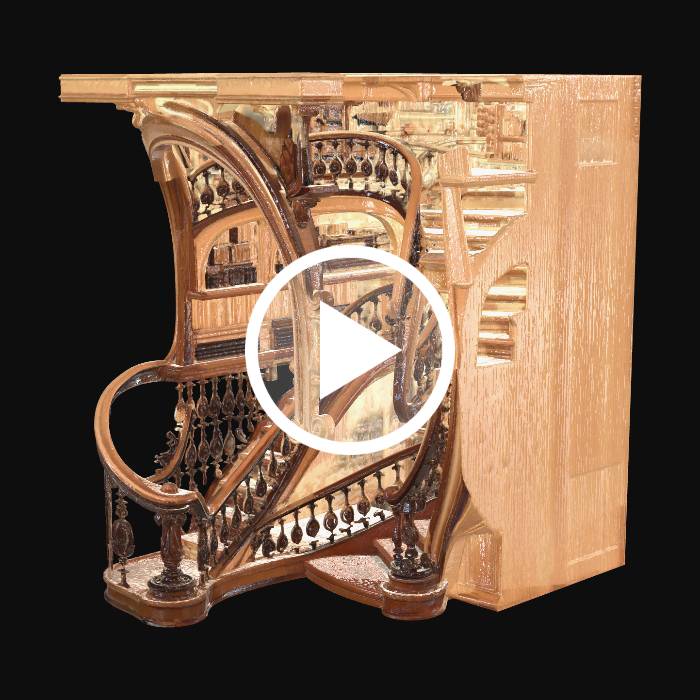 "spiral staircase, elegant wooden steps, curved design, fantasy library ...