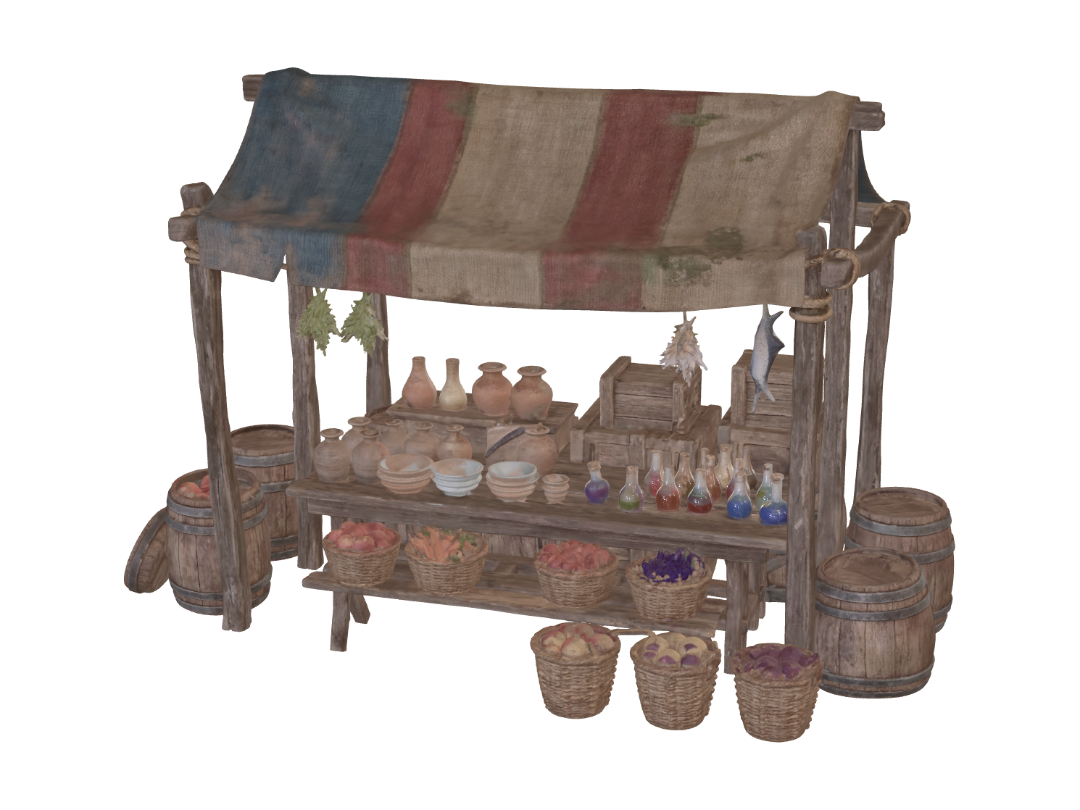 A rustic medieval fantasy market stall, isolated 3D game asset render on a grass background,… 3D model, vytvořený pomocí AI