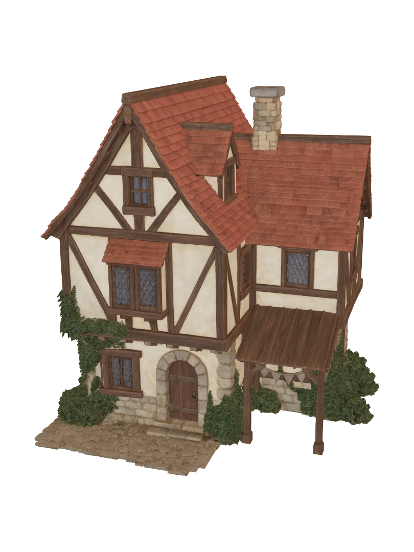 A charming Western fantasy timber-framed house, full building illustration, three-quarter… 3D model, vytvořený pomocí AI