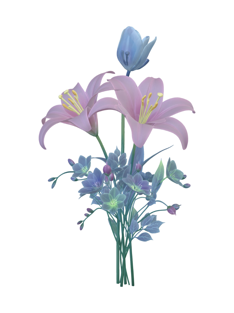 a cluster of blooming lilies, inspired by image_7.png. Two large central lily flowers are… 3D model, vytvořený pomocí AI