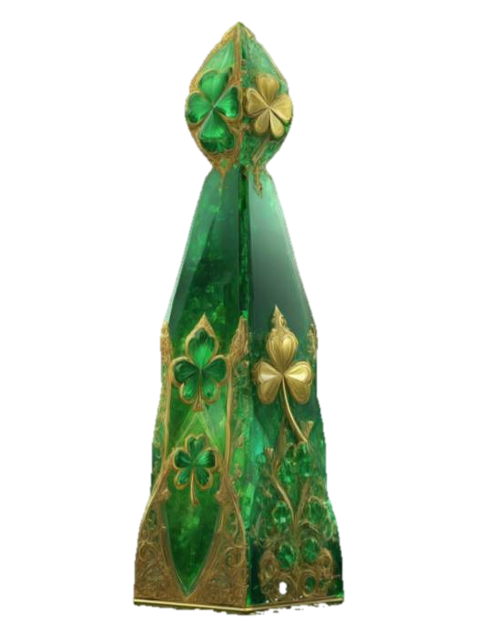 3D model for 5-meter tall, shard of a #saintpatricksday# Emerald Enigma, ornate details, intricate color, NVIDIA rendering, electric special effects, 4K UHD, ultrarealistic, golden four-leaf clover, gold fleck embedded in brilliant transparent green etched-glass.