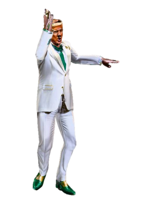 3D model for President Donald-Trump in a silver-white tuxedo, wearing an emerald tie. in a presidential FIGHT! pose, behind the podium of the POTUS. gold-hair, Gold and green shoes. #lucky#