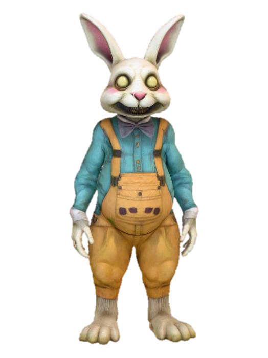 3D model for A 10-meter figure of Uncle-Creepers stylized Easter-Bunny suit, from the Stephen King movie "It". vintage Easter colors, well lit, evenly lit, NVIDIA OptiX(3+), rough textures, Unsettling Easter-Bunny Suit, renderotica, renderocity, unreal engine, highest quality, highest resolution, insane detailed, character design, z-brush, v-ray, daz3d, deeply carved detail, MESHY5,