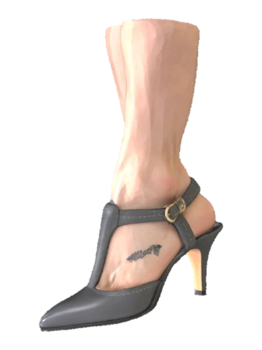 womens mid-heel T-Strap high heel shoe with woman's foot and calf, dark gray leather shoe,… 3D model, vytvořený pomocí AI