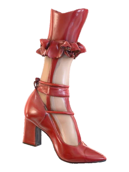 womens mid heel shoe with foot, natural dark red leather, accurate foot anatomy, white cotton… 3D model, vytvořený pomocí AI