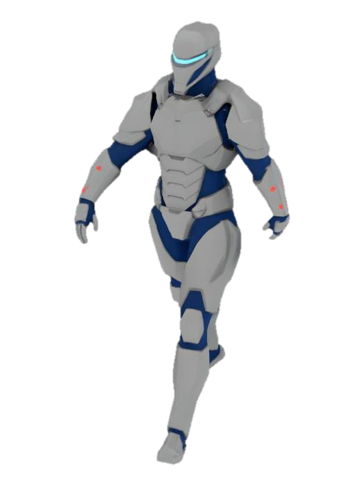 3D model for A low-poly sci-fi human protagonist stands ready, clad in angular, matte charcoal-gray armor plates layered over dark navy synthetic fabric. A sleek helmet features a glowing blue visor. The geometric structure boasts sharp edges, combining rigid metallic and textured textile materials, accented by subtle red utility lights. Its tactile quality is smooth and firm, embodying a streamlined, capable form.