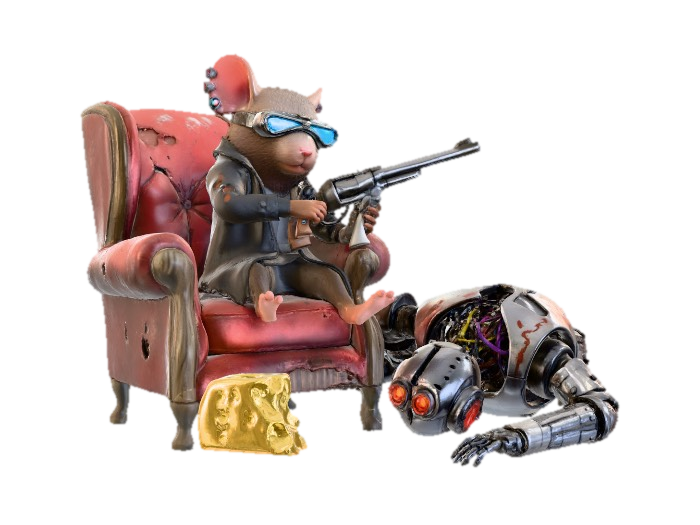 3D model for eine Maus im Bladerunner look sitzt in einem alten großen Sessel und putzt dabei den übergroßen Revolver den sie in der rechten Hand hält. Neben dem Sessel liegt ein angebissenes Stück Käse und ein sehr gigantisch großer kaputter Roboter liegt daneben auf dem Boden.
