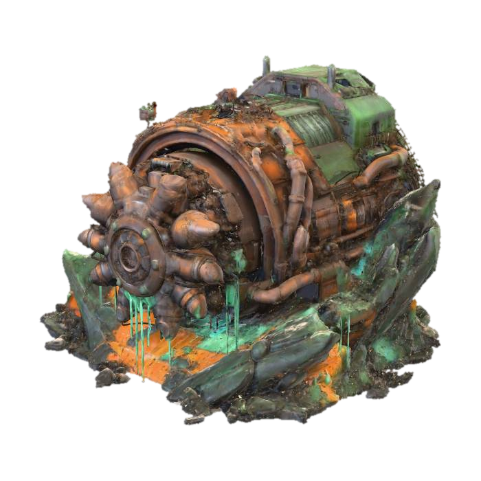 3D PBR game boss, colossal tunnel boring machine, rusted grinding drill bit, hydraulic fluid… 3D model, vytvořený pomocí AI