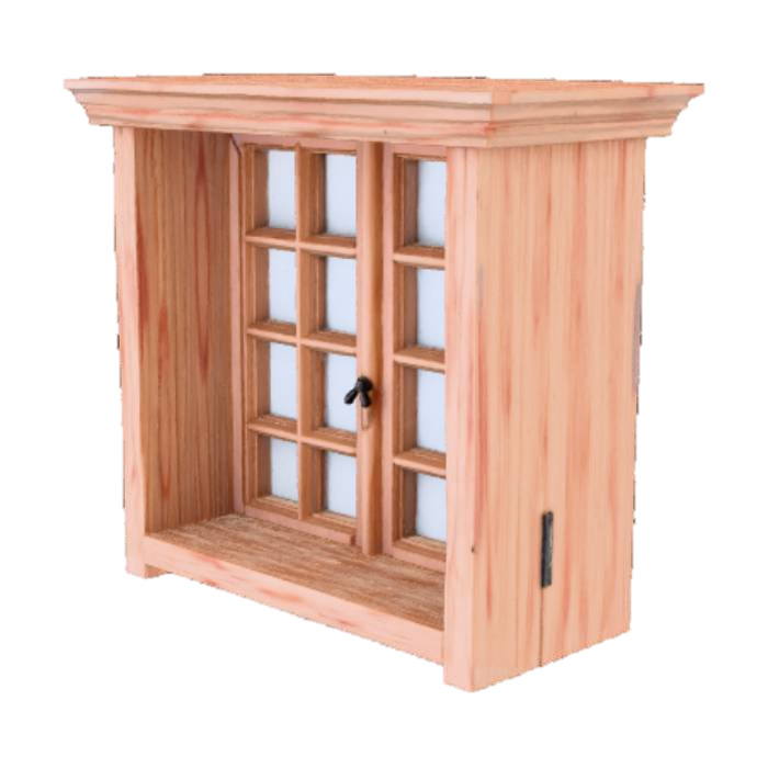 3D model for Una ventana antigua con marcos de madera de cedro envejecida y una celosia de pino, de tipo casa hebrea, solo la ventana con un fondo blanco puro.