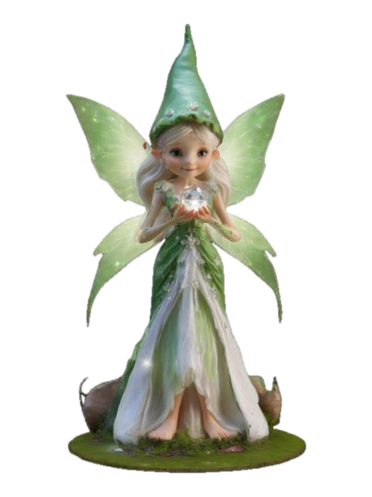 Female Fairy gnome, green and white dress, holding a shining diamond, Mushrooms and flowers… 3D model, vytvořený pomocí AI