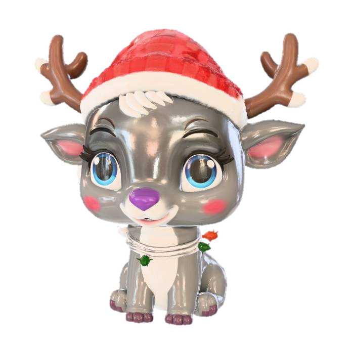 3D model for A stylized, chibi-style baby reindeer standing upright. The reindeer has soft grey and white fur, large expressive blue eyes with thick eyelashes, and a small purple glowing nose. It is wearing a red and white checkered Santa hat tilted to one side. Brightly colored Christmas lights (yellow, green, and orange) are wrapped around its antlers and neck. High-quality 3D render, cute aesthetic, smooth textures, festive theme. , #Christmas2025#