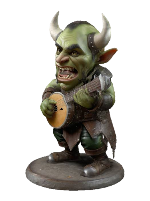3D model for A Cute orc bard. Wearing a spiked viking helmet, leather trousers and a leather jacket. Holding a lute, signing with open mouth. Green skin color, big teeth. Big round nose. Deeply carved eyes. Highly stylized. Smooth edges. Highly detailed. Deeply carved detail. Well lit. Dungeons & Dragons. DND. On a round base