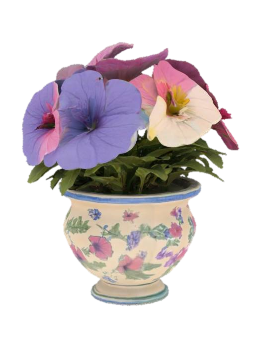 a ceramic planter with blooming petunias on a porch , #garden# 3D model, vytvořený pomocí AI