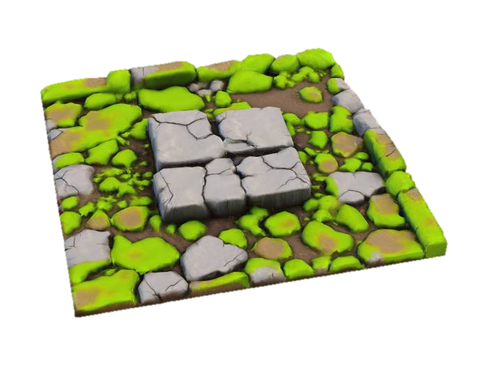 3D model for Prompt A square, seamless, medium-poly cave floor section, made of rugged, grey-brown stone designed to tile perfectly in all directions. Its surface is unevenly cracked and worn, with subtle variations in elevation that are defined by its medium polygon count, creating a naturally rough terrain for walking. Thick, vibrant green moss, feeling damp and spongy, spreads organically across its contours, seamlessly blending at the edges. Embedded dark, muddy grime and gritty detritus give it a perpetually damp and treacherous feel underfoot.