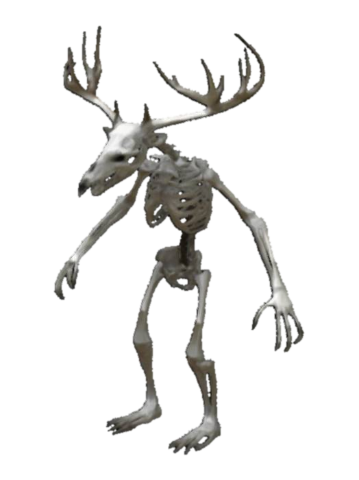 3D model for Create a very low-poly 3D Wendigo model for Roblox, divided into separate parts: head, body, arms, and legs. Each part must have less than 10,000 triangles. The Wendigo should have a skeletal, emaciated body, long arms, clawed fingers, and a deer skull with antlers. Use simple geometry with a single UV-mapped texture. Ensure all parts can be reassembled in Roblox Studio without gaps or misalignment.