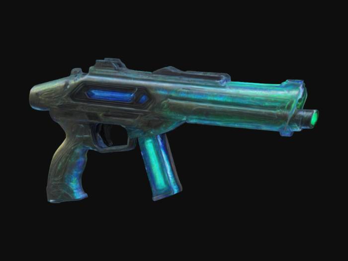 "The alien gun features a sleek, elongated body crafted from a ...