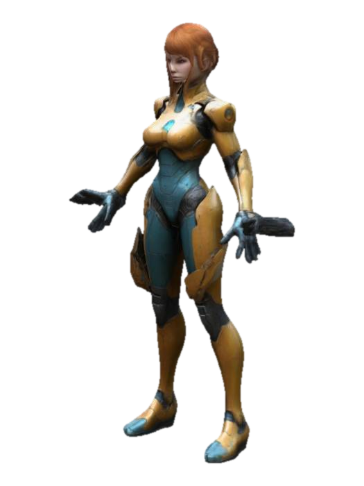 3D model for Create a detailed, badass female hero NPC in a T-pose for an FPS game, inspired by Star Trek, Metal Gear, Halo, Metroid Prime's Samus, Star Wars, comic books and manga. Include intricate textures, vivid colors, and unique design features.