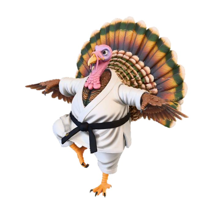 3D model for #Thanksgiving#, A plump turkey wearing a karate uniform with a black belt in a crane kick position. It has it's turkey tail.