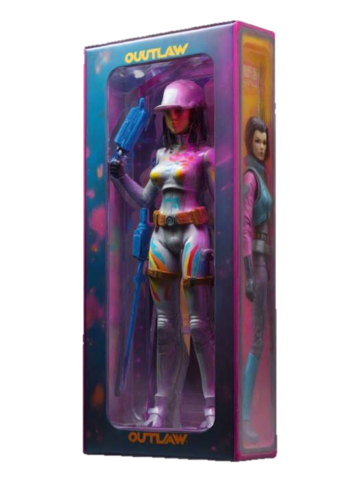 3D model for action figure in classic style oblong box, box has clear plastic front with colorful graphics, toy, outlaw, female character, feminine, laser, sci-fi, cyberpunk, high definition, detailed