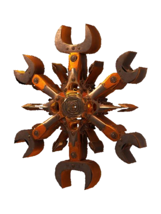 A Christmas star, 3D, steampunk style, made from hammers and spanners tool shapes, orange… 3D model, vytvořený pomocí AI