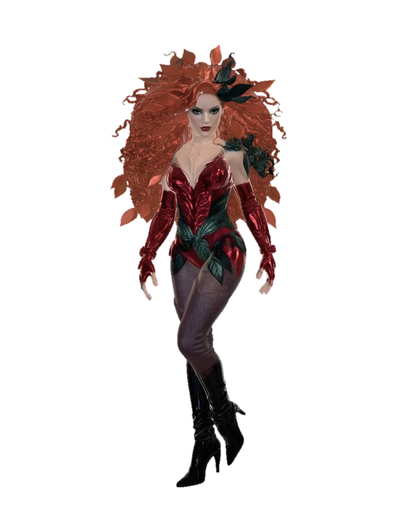 Mô hình 3D của A fierce female character with pale skin, striking red, voluminous curly hair styled into…, được tạo bằng AI