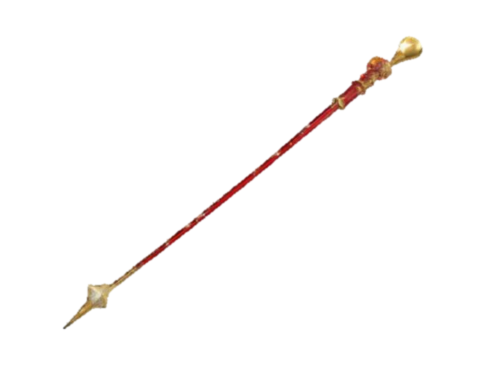 3D model for A whimsical, cartoonish magic wand with a sparkling star at the tip. The wand has a red handle wrapped in gold, with small twinkling lights along its length. The star sparkles with a golden glow, and there's a playful, magical aura around it, as if it's ready to cast a festive spell. The wand has a glossy, shiny texture and no background for easy use in designs, #ChristmasAdventure#