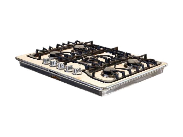 3D model for A modern gas stove cooktop with 4-5 burners, stainless steel surface with minor wear and tear, realistic dirt accumulation in corners and around knobs, grease stains on the panel, subtle rust on burner grates, fingerprints on metal surfaces, food residue between burners, slightly scratched edges, contemporary design with control knobs, professional kitchen appliance, PBR materials, high detail, game-ready model