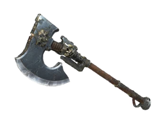 3D model for warhammer axe hybrid, skullz#ChronoForgeWeapon# medieval scifi, pirate blade gun, DOOM artstyle.