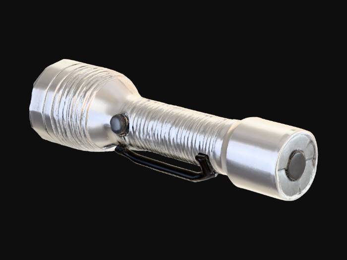 «A cylindrical flashlight with a metallic silver casing, featuring a ...